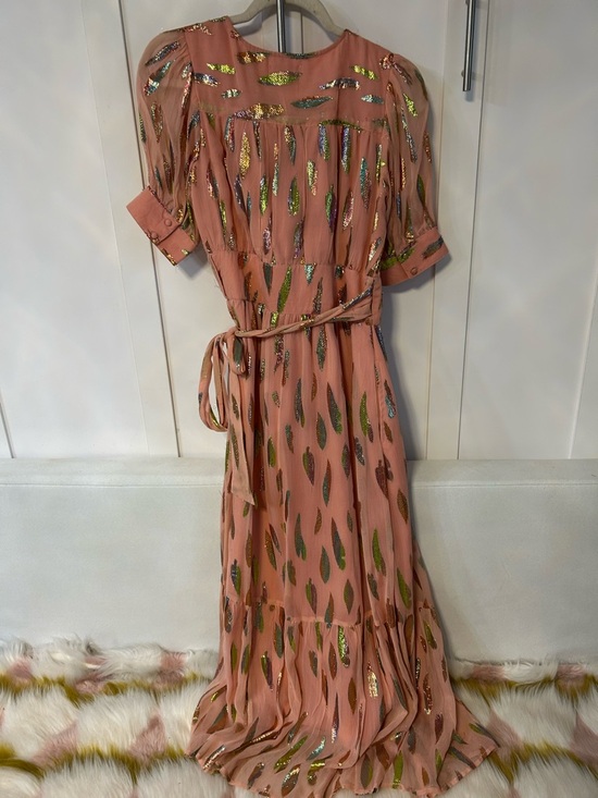 Ciebon Whitney Metallic Print Wrap Dress in a peach or rose-tone - Picture 8 of 9